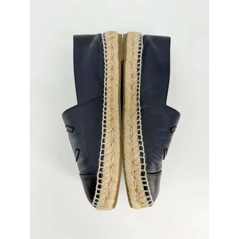 Chanel Black Navy Lambskin Leather CC Logo Espadrilles Flat Shoe 40 Authentic